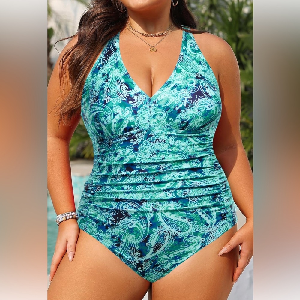 Aqua Eve Women Plus Size One Piece Swimsuits V Neck Tummy Control Retro Ruched